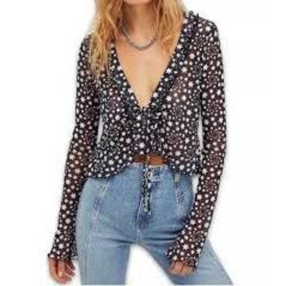 Free People Star Print Tie Front Sheer Long Sleeve Marne Top Black White Size XS - Picture 6 of 16